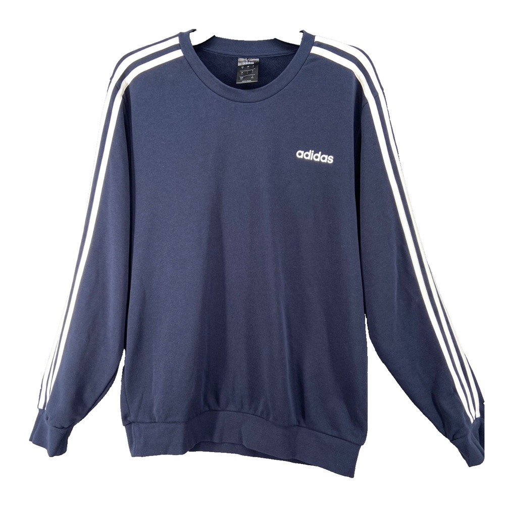 Adidas Sweatshirt Mens Sz‎ L Blue Long Sleeve 3 Stripe Fleece Crew Pullover